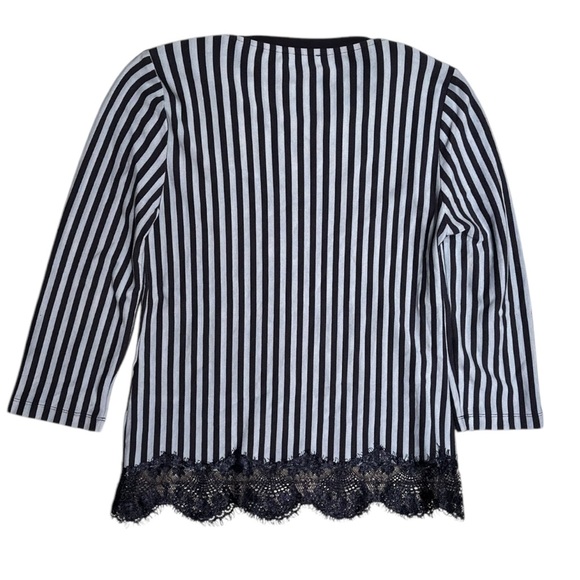 RIANI Striped Quarter Sleeve T-Shirt Blue with Navy Lace Trim - Picture 2 of 4